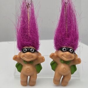 Vampire Troll Earrings Halloween Novelty Vintage Russ Berrie Pink Hair 2.5''